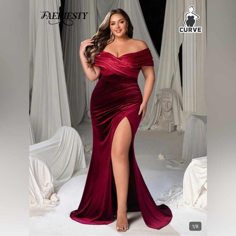 SHEIN Elegant Burgundy Off-Shoulder Criss Cross Bodice Split Maxi Dress Sz 2XL